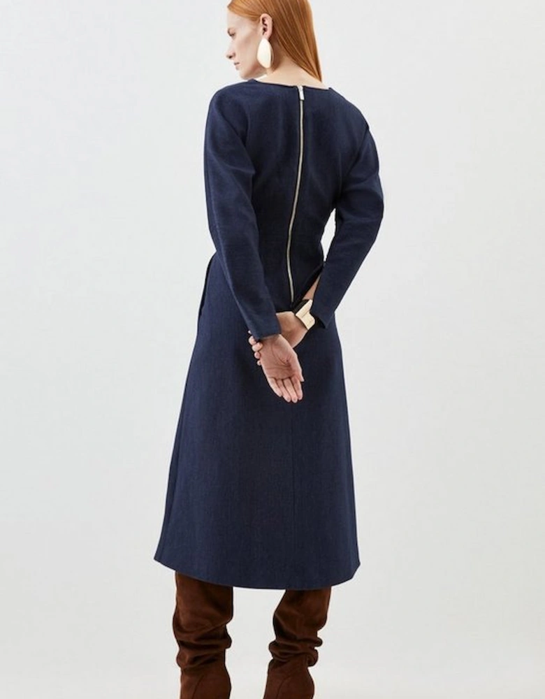 Tailored Denim Rounded Sleeve Midi Dress