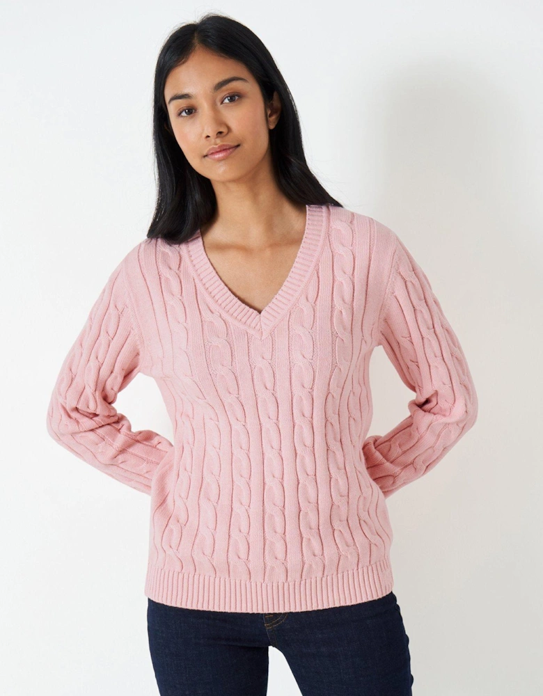 Chunky Heritage Cable V Neck Jumper - Pink