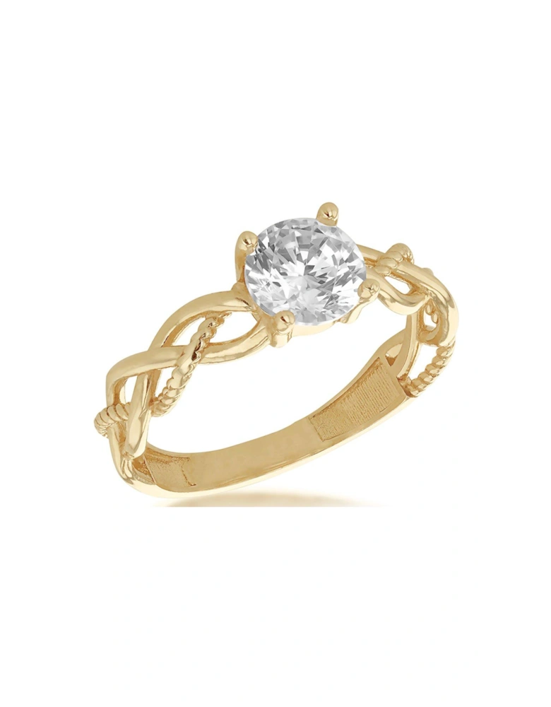 9ct Yellow Gold 6mm White Round Cut CZ Plaited Solitaire Ring