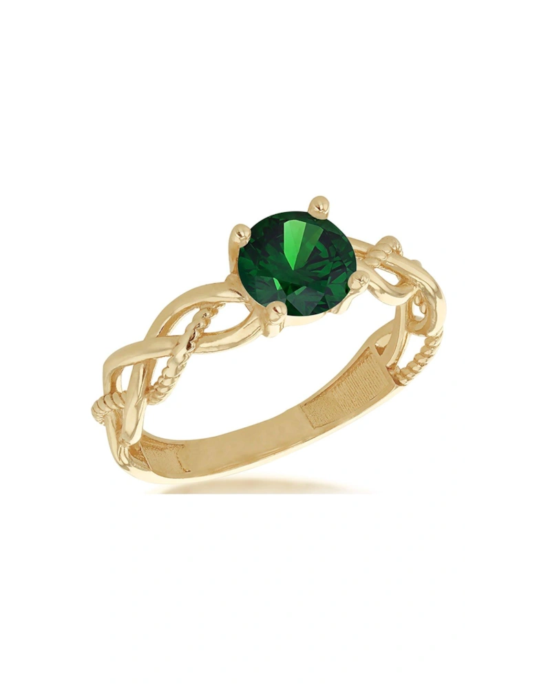 9ct Yellow Gold 6mm Green Round Cut CZ Plaited Solitaire Ring