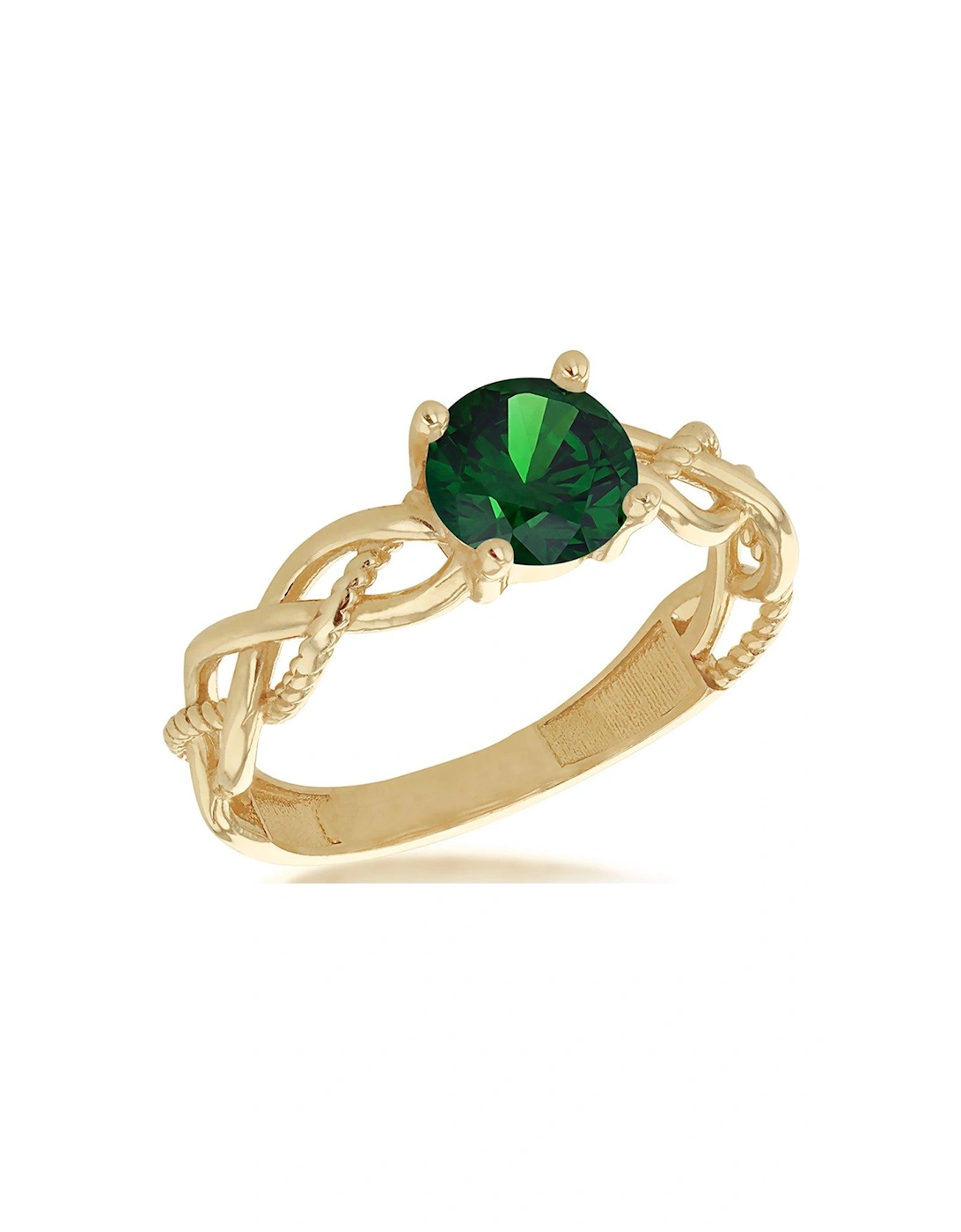 9ct Yellow Gold 6mm Green Round Cut CZ Plaited Solitaire Ring, 2 of 1