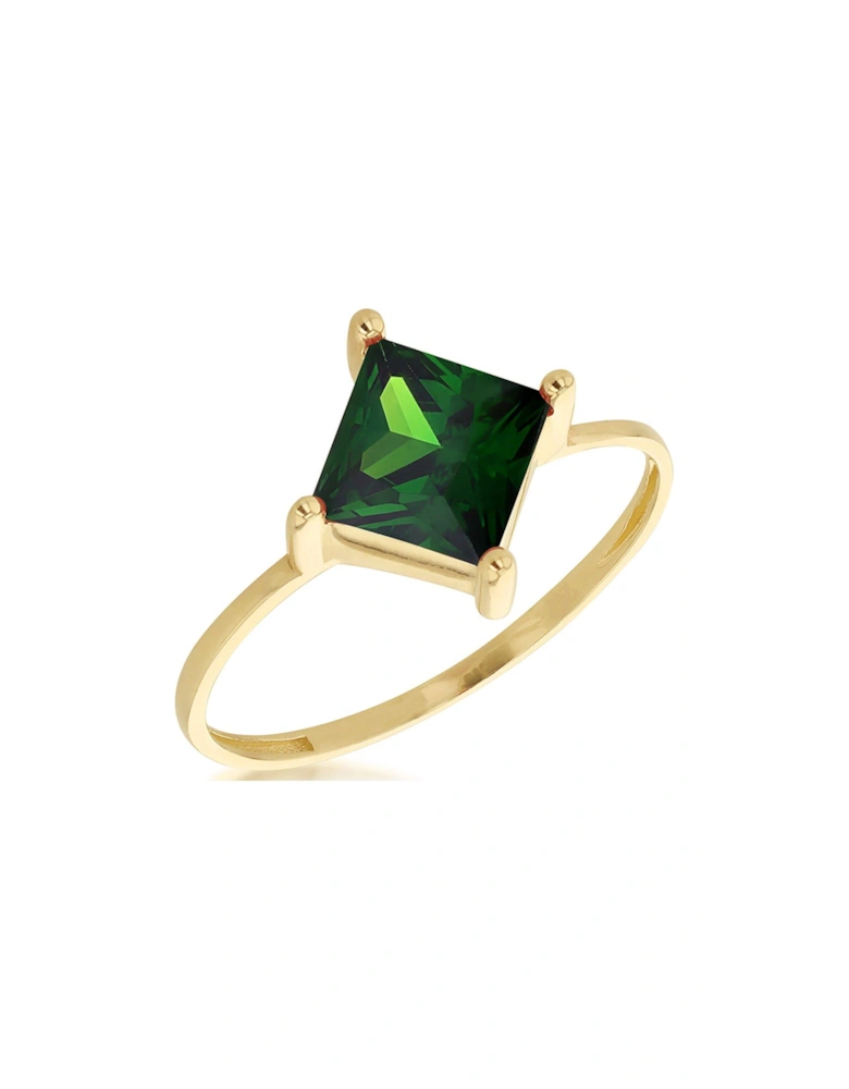 9ct Yellow Gold Green 6mm x 6mm Princess Cut CZ Solitaire Ring