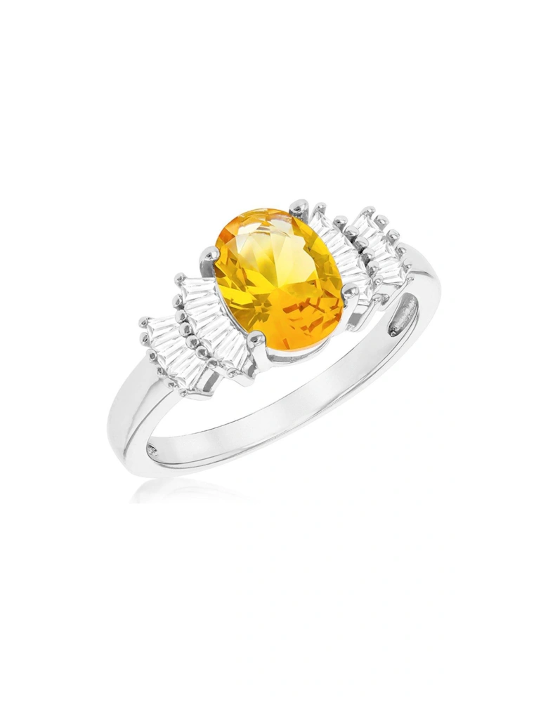 Silver Rhodium Plated Oval CITRINE AND CZ Ring