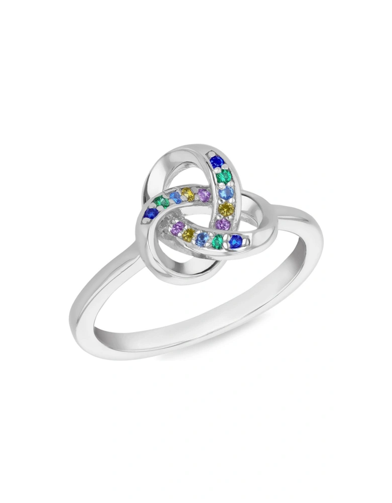 Sterling Silver Rhodium Plated Trinity Knot Multi Coloured CZ Ring