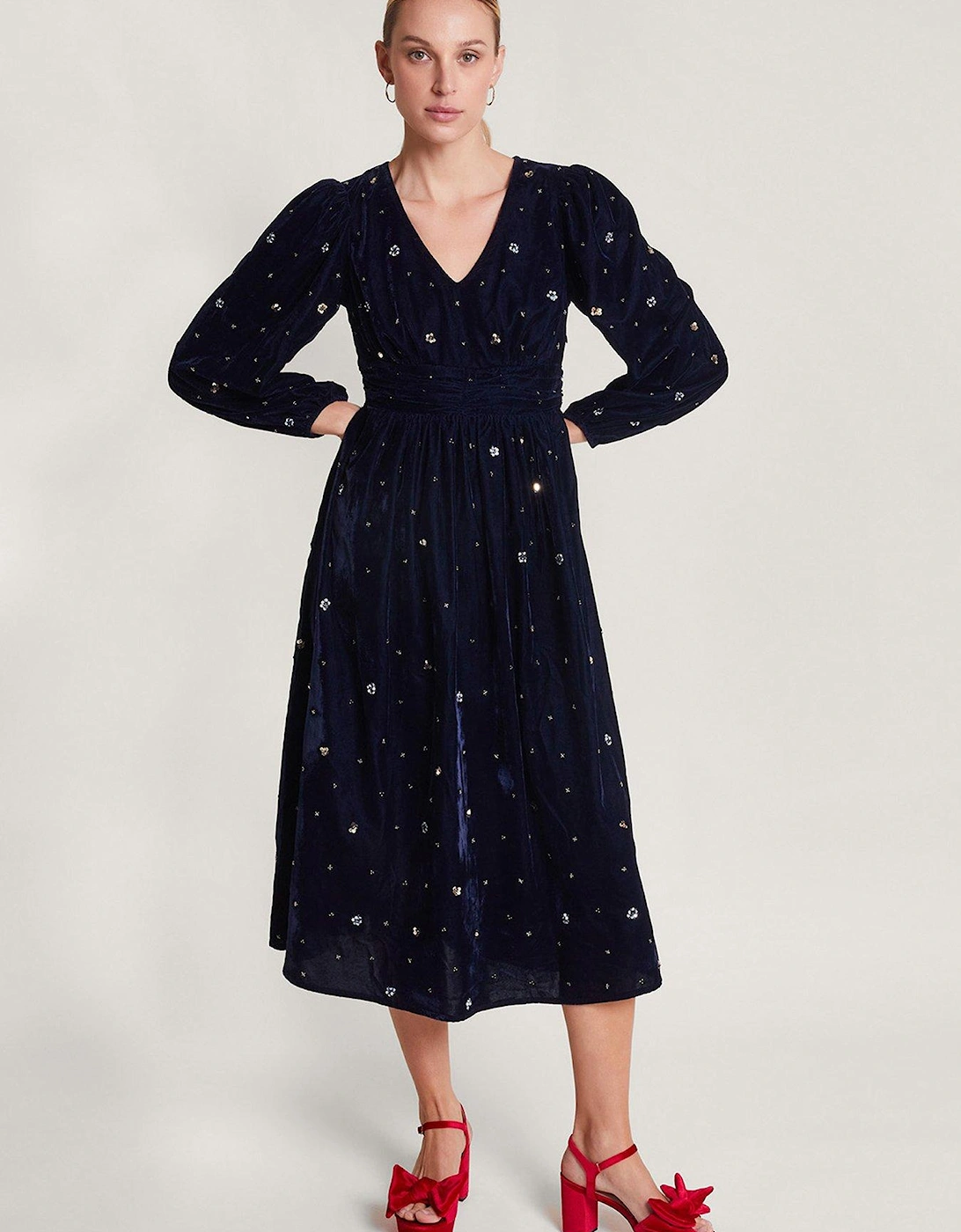 Dakota Embroidered Velvet Dress - Navy, 2 of 1