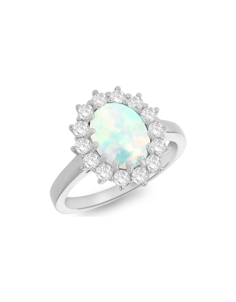 Sterling Silver Rhodium Plated Oval Synthetic Opal and White CZ 12mm x 14mm Flower Cluster Ring