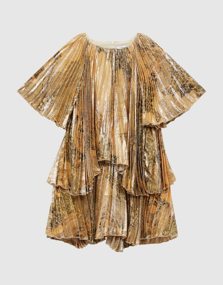 Metallic Pleated Tiered Dress