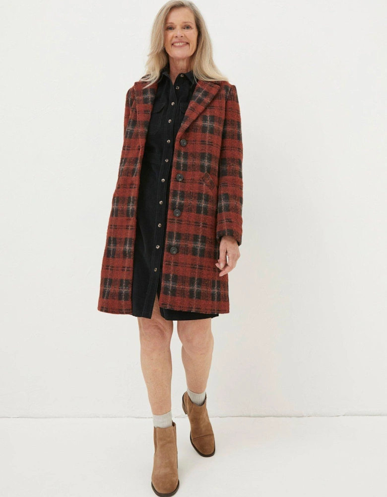 Wool Brushed Check Coat - Red