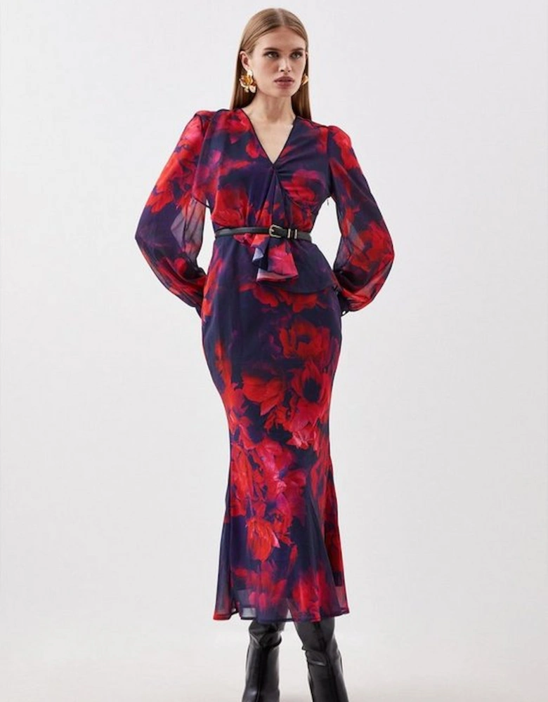 Floral Printed Georgette Belted Woven Maxi Dress