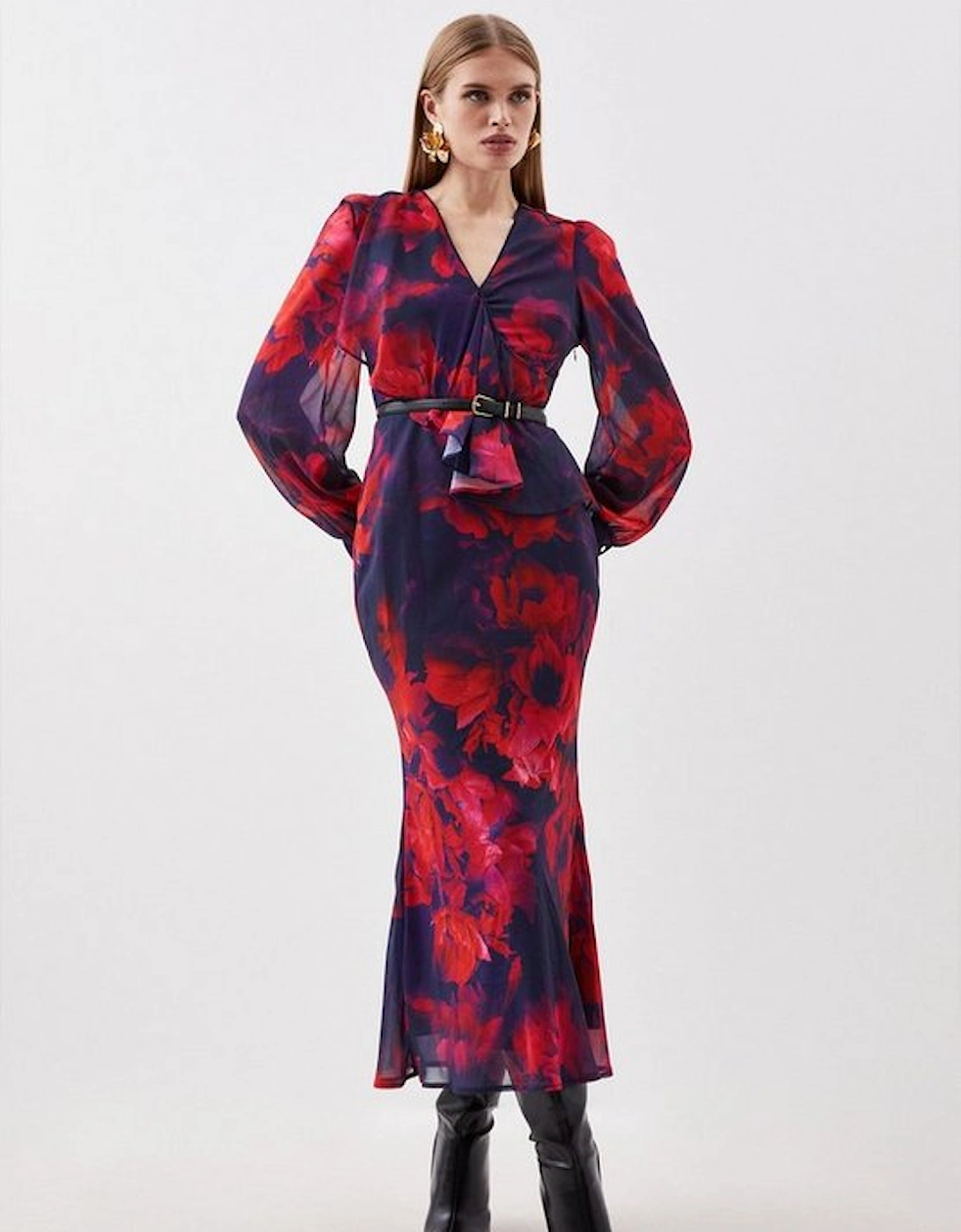 Floral Printed Georgette Belted Woven Maxi Dress, 5 of 4