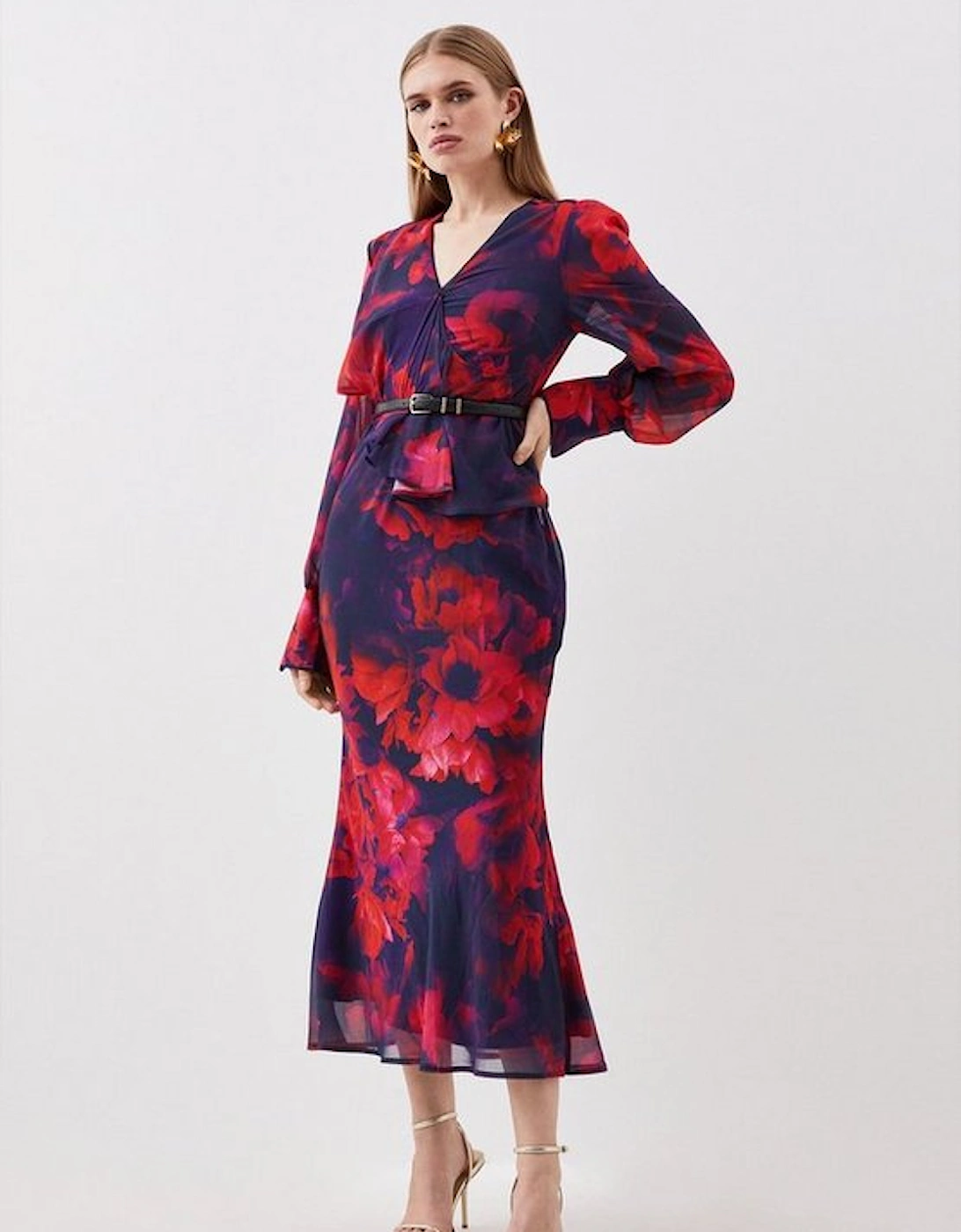 Floral Printed Georgette Belted Woven Maxi Dress
