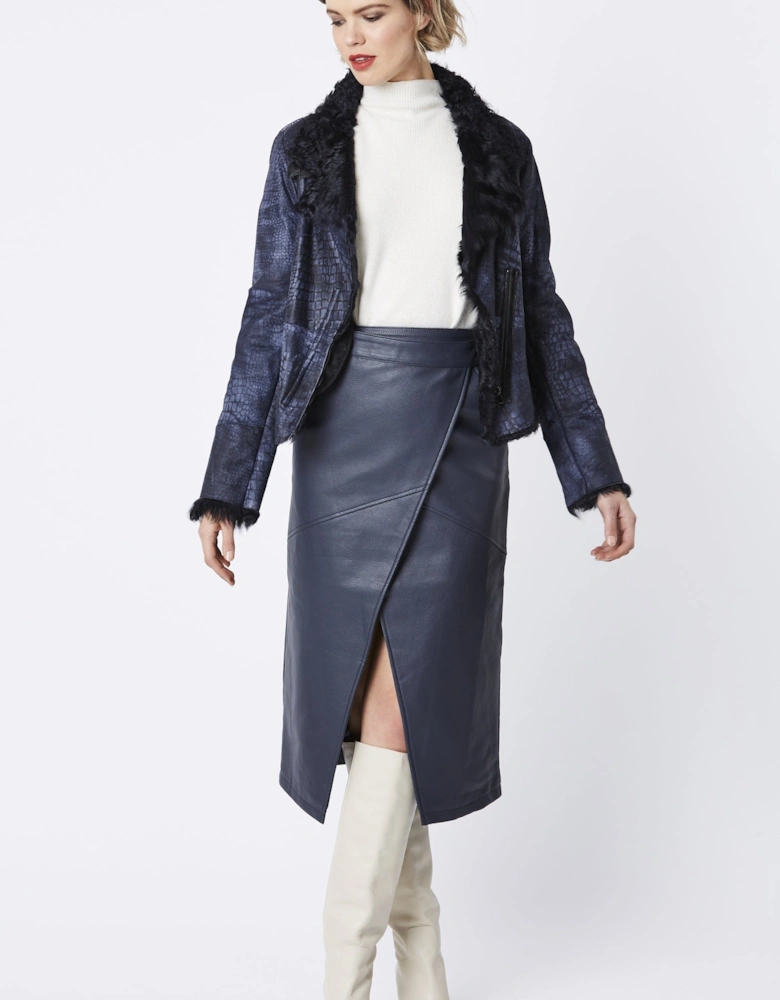 Blue Crocodile Effect Cropped Jacket with Faux Fur Trim