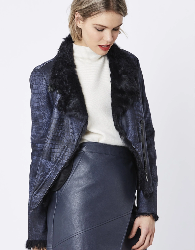 Blue Crocodile Effect Cropped Jacket with Faux Fur Trim