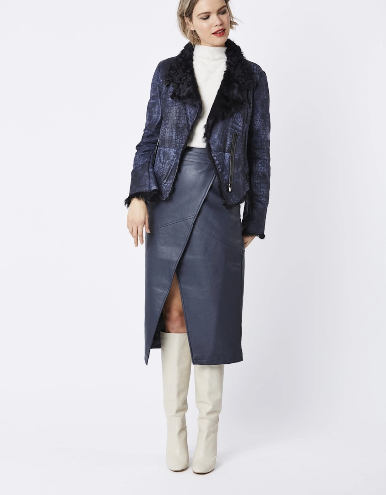 Blue Crocodile Effect Cropped Shearling Jacket