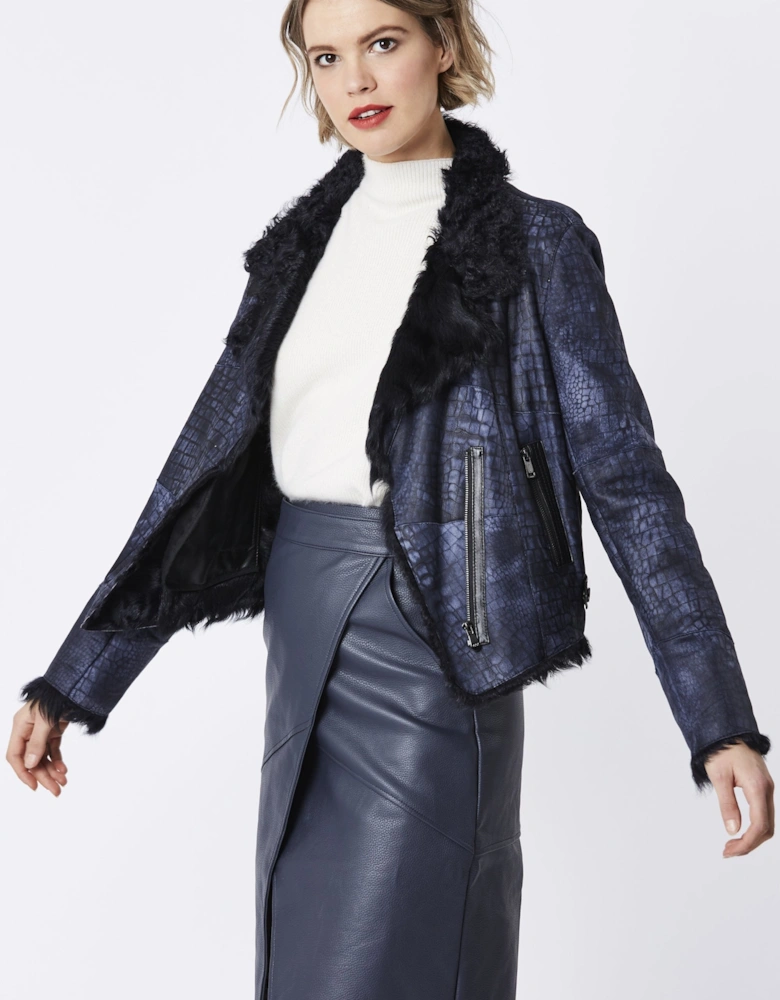 Blue Crocodile Effect Cropped Jacket with Faux Fur Trim