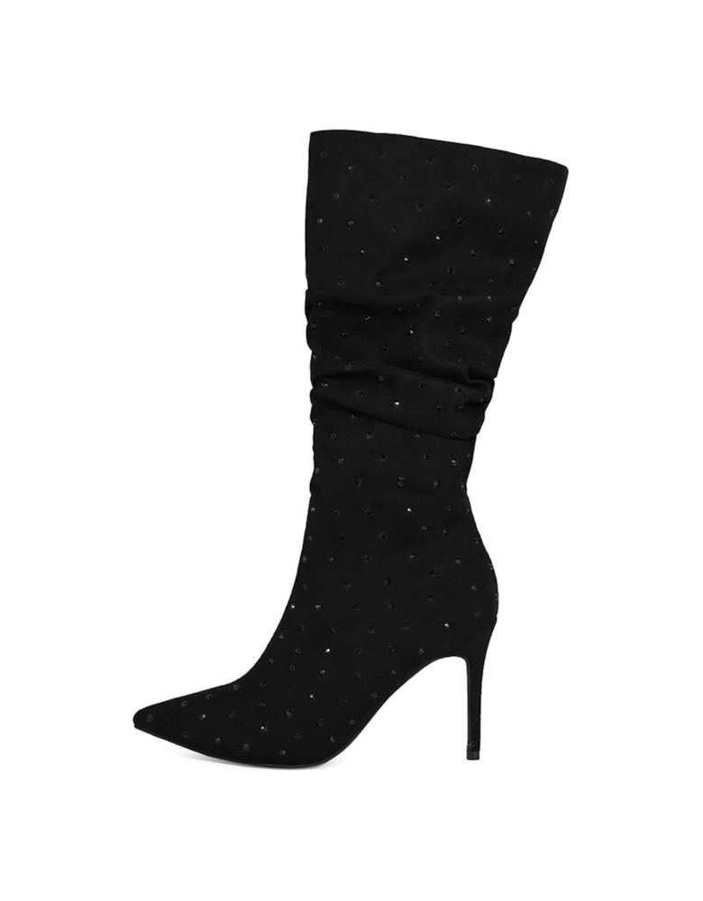 Black All Over Embellished Calf Length Heeled Boot