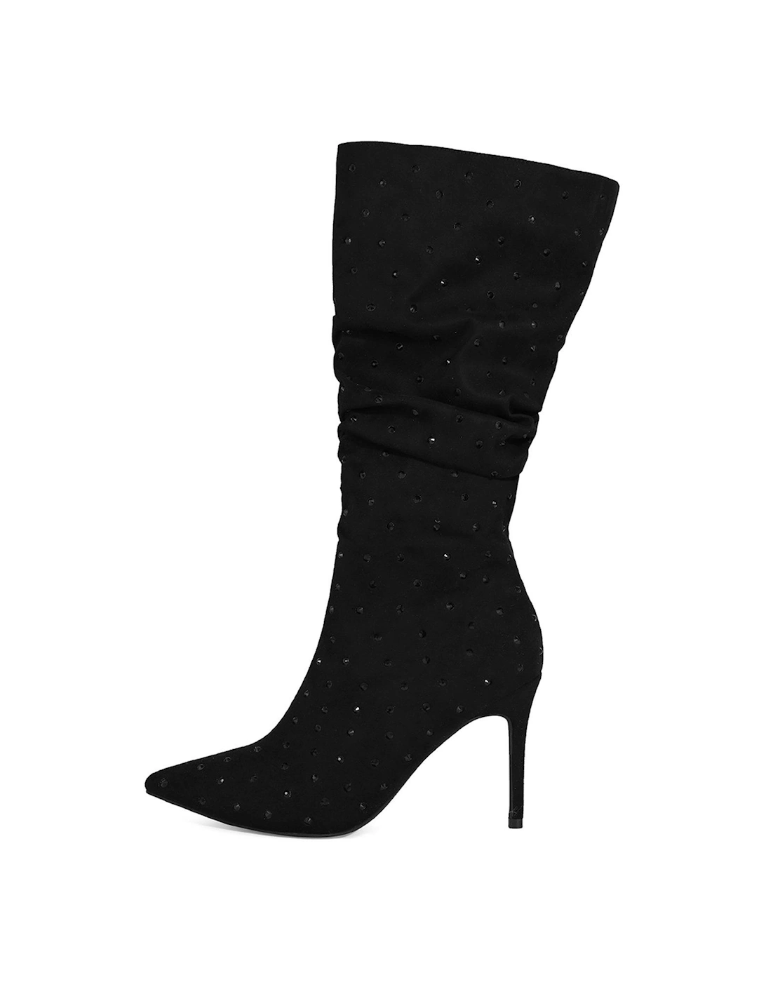 Black All Over Embellished Calf Length Heeled Boot, 3 of 2
