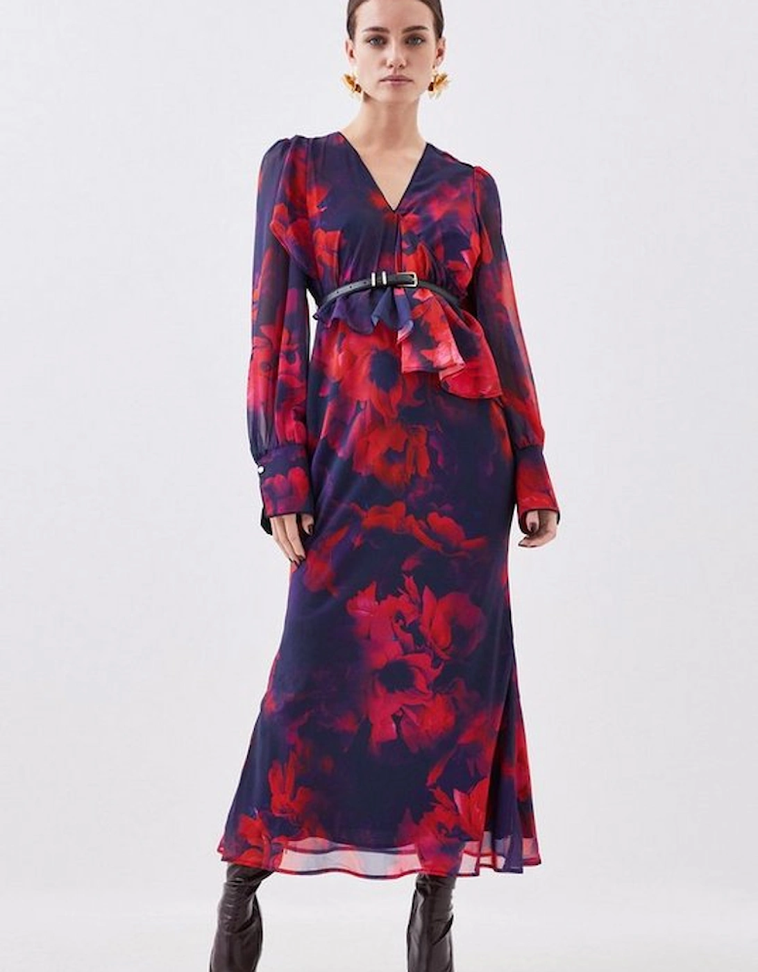 Petite Floral Printed Georgette Belted Woven Maxi Dress, 5 of 4