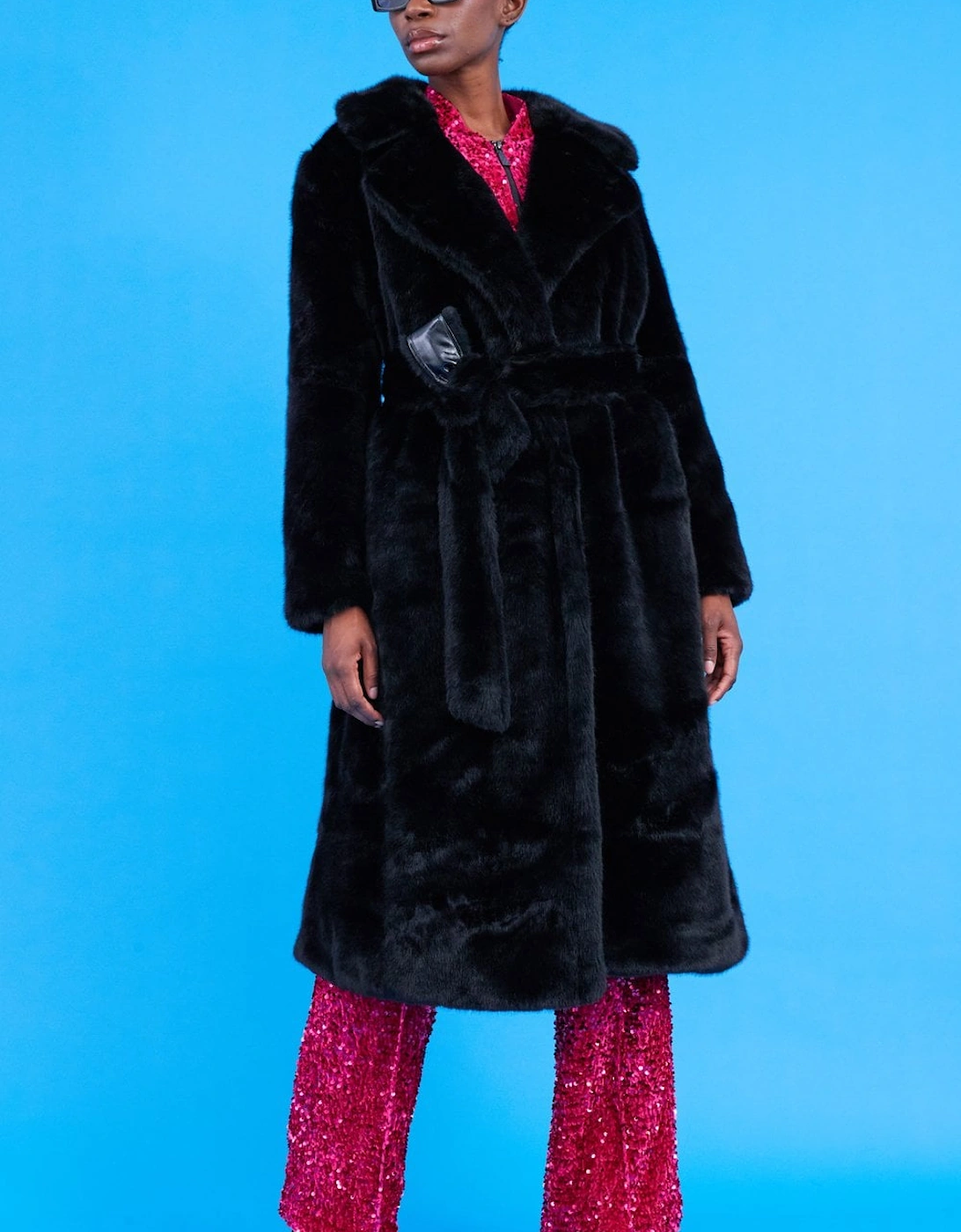 Faux Fur Maxi Trench Coat with Belt