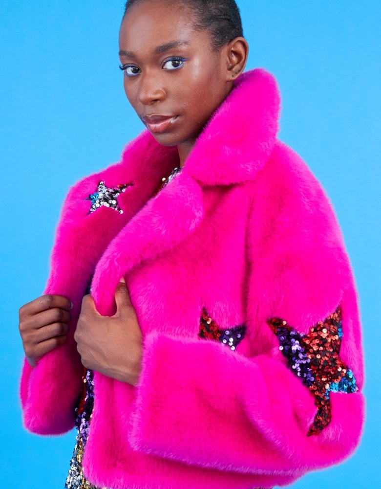 Pink Bamboo Faux Fur Sequins Star Jacket