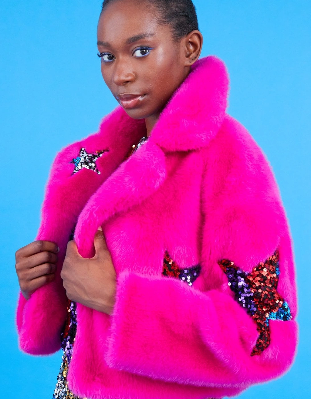 Pink Bamboo Faux Fur Sequins Star Jacket