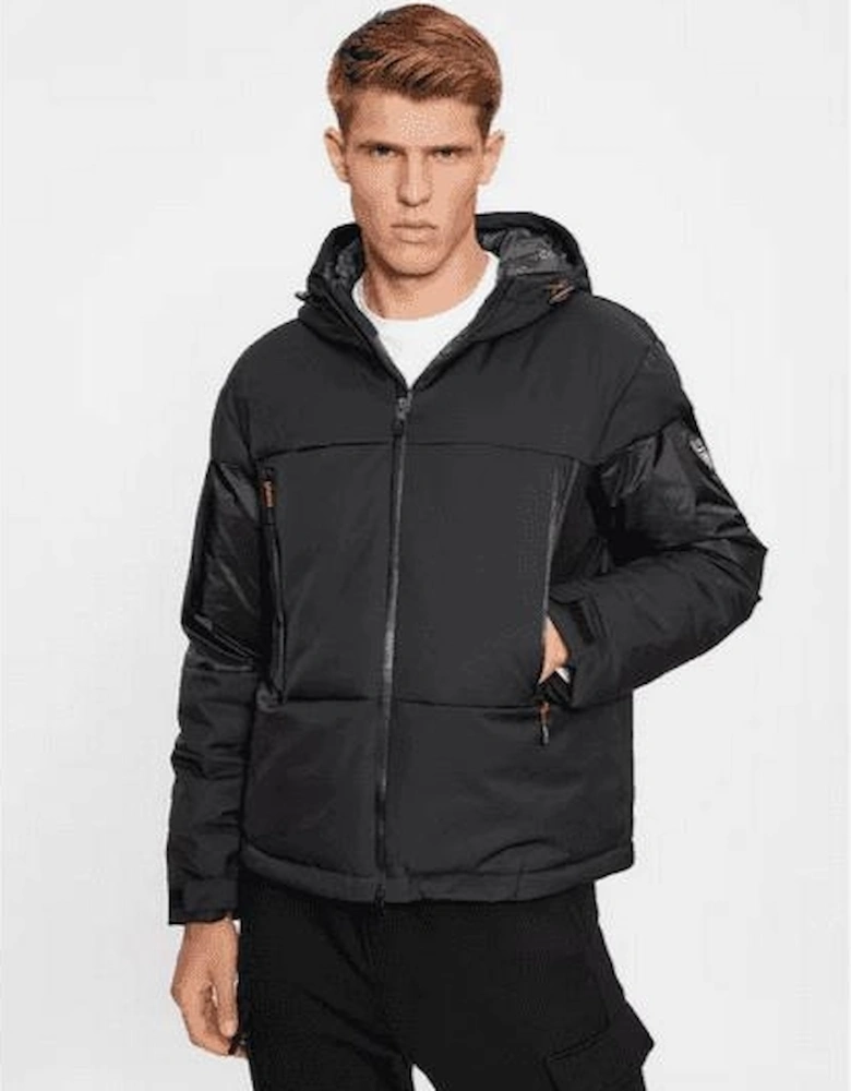 Polyester Hooded Black Down Puffer Bomber Jacket