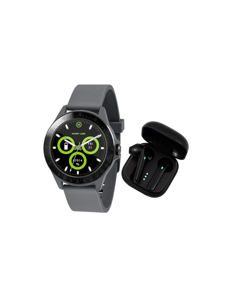 Fashion Smart Watch in Grey Featuring Black True Wireless Earbuds in Charging Case