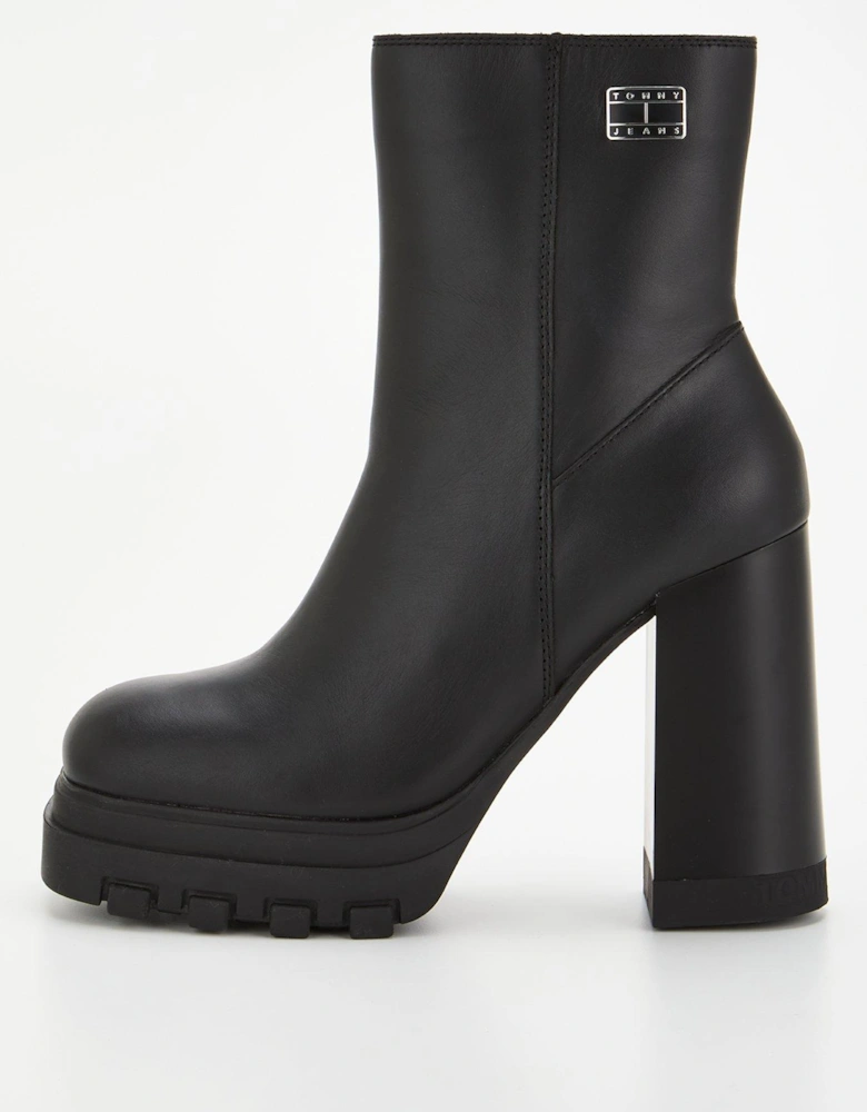 Leather Chunky Ankle Heel Boot - Black
