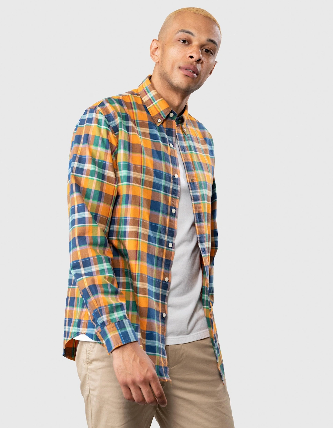 Custom Fit Long Sleeved Multicoloured Plaid Mens Oxford Shirt, 6 of 5