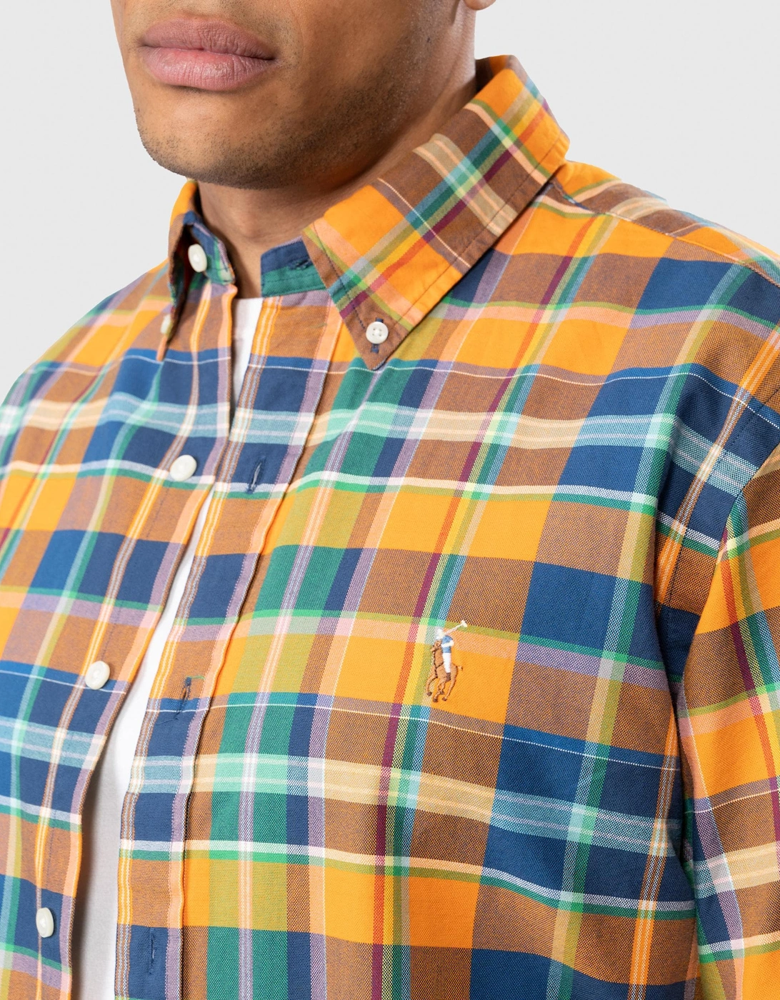 Custom Fit Long Sleeved Multicoloured Plaid Mens Oxford Shirt