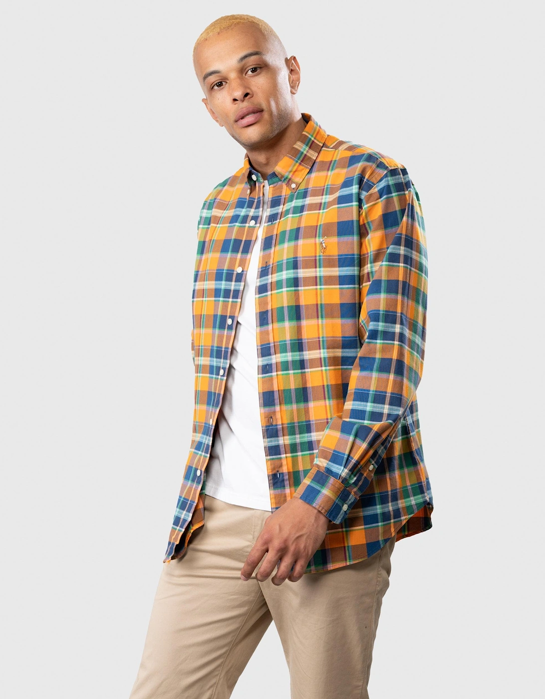 Custom Fit Long Sleeved Multicoloured Plaid Mens Oxford Shirt