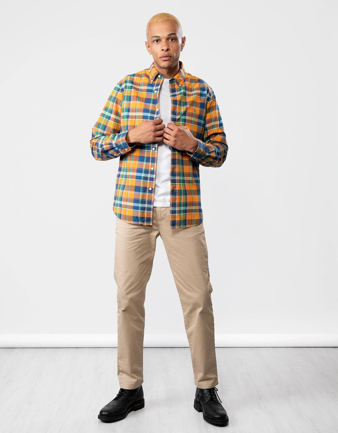 Custom Fit Long Sleeved Multicoloured Plaid Mens Oxford Shirt