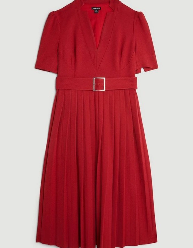 Tailored Structured Crepe Forever Pleat Belted Midi Dress