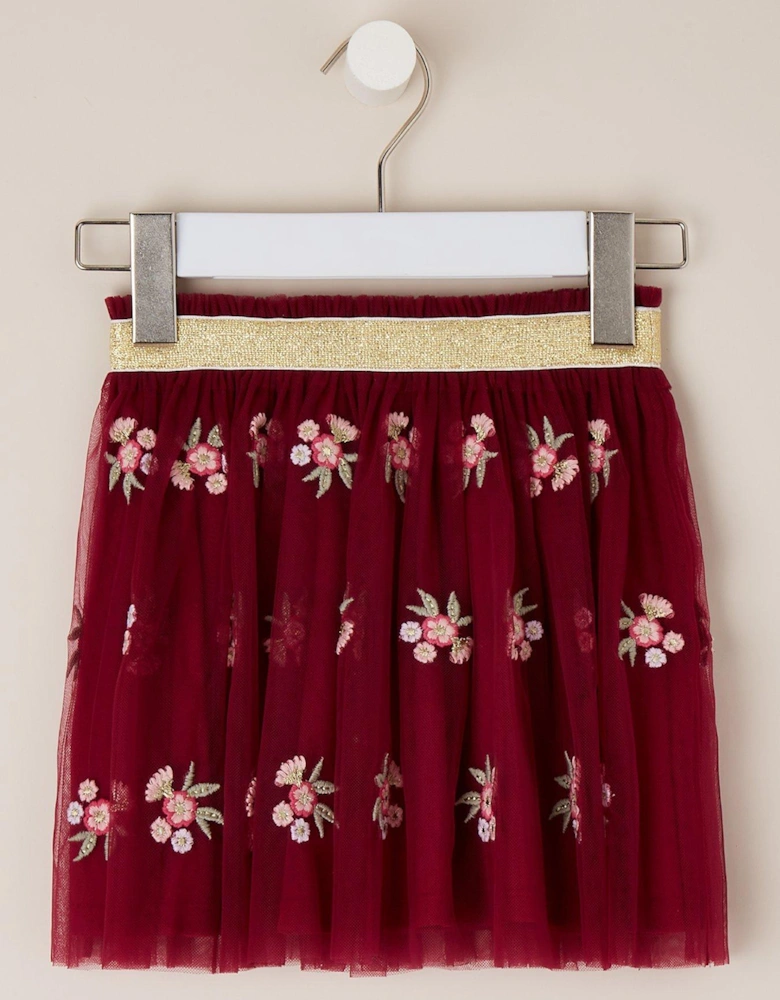 Flower Embroidered Mesh Tutu - Red