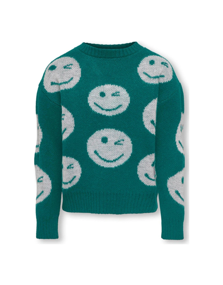 Girls Smiley Face Knitted Jumper - Bayberry - Green