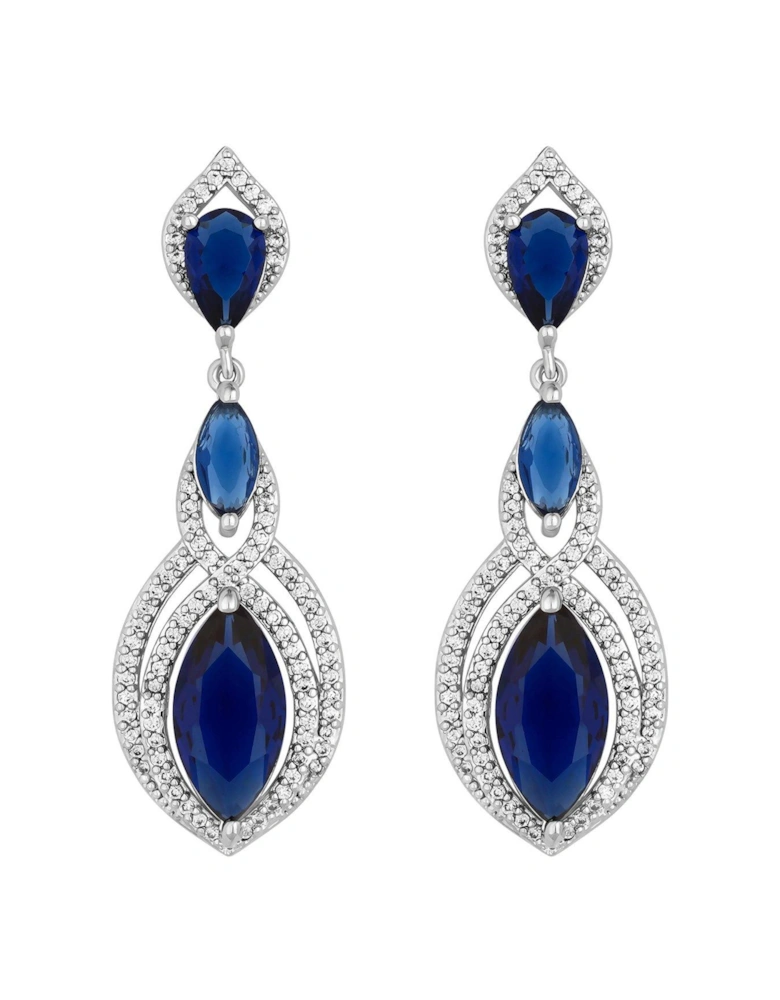 Rhodium Plated Blue Navette Statement Drop Earrings