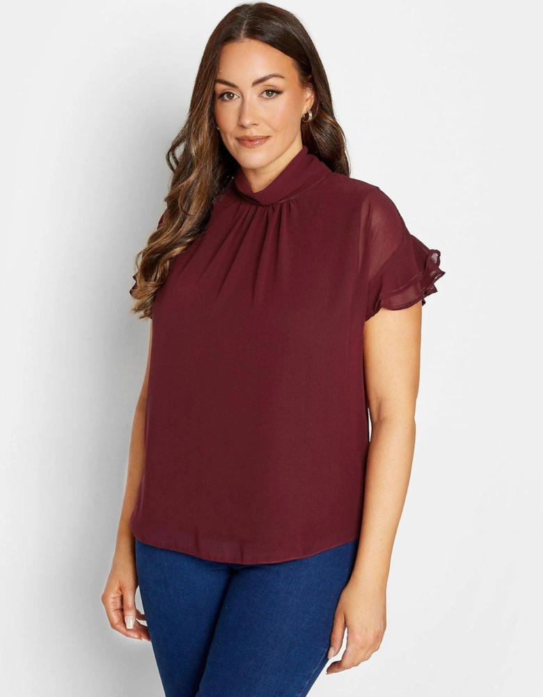 High Neck Frill Sleeve Blouse - Red