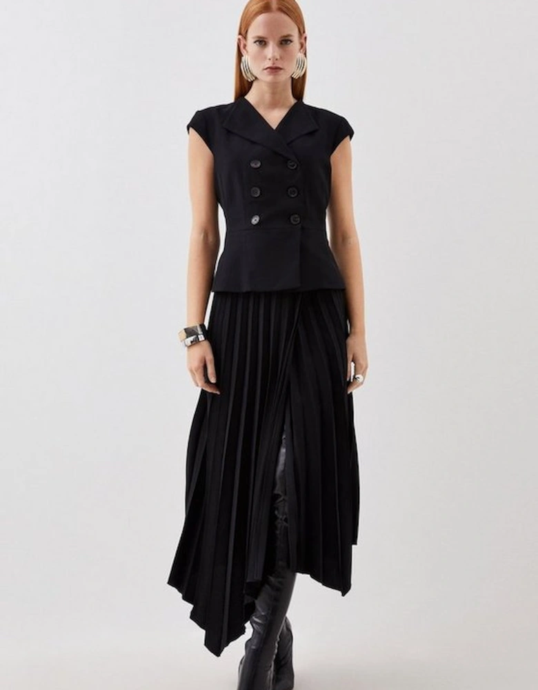 Clean Tailored Cap Sleeve Belted Asymmetric Pleated Midi Dress