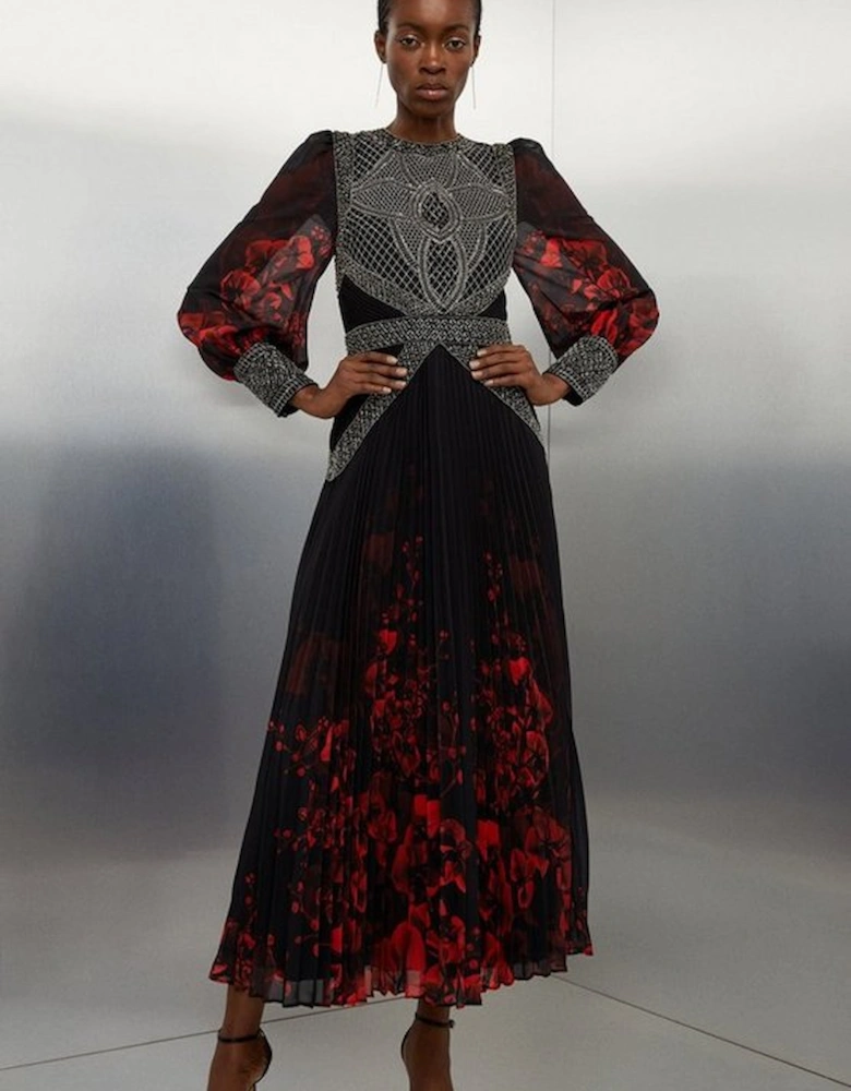 Embellished Long Sleeve Pleated Woven Midi Dress
