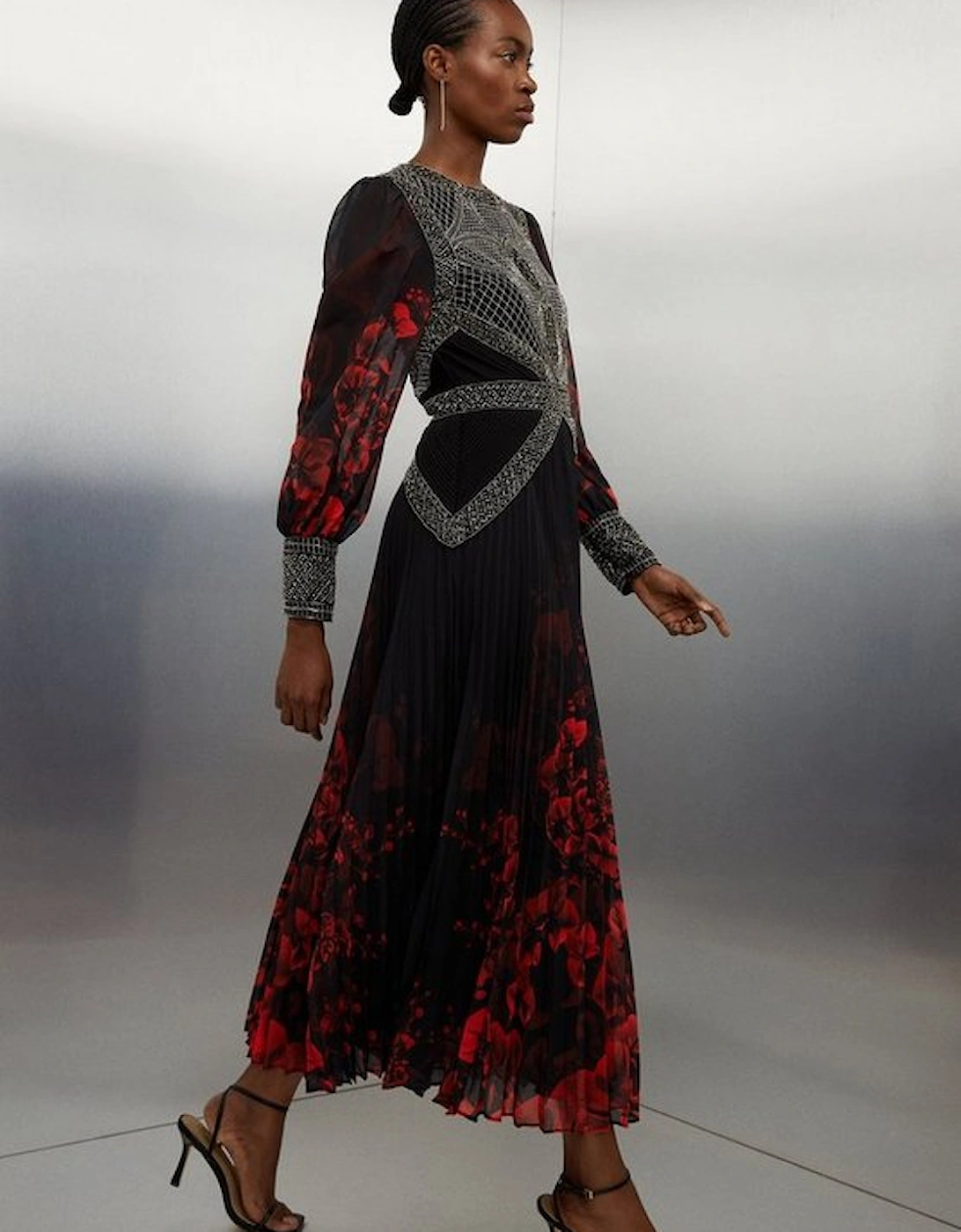 Embellished Long Sleeve Pleated Woven Midi Dress