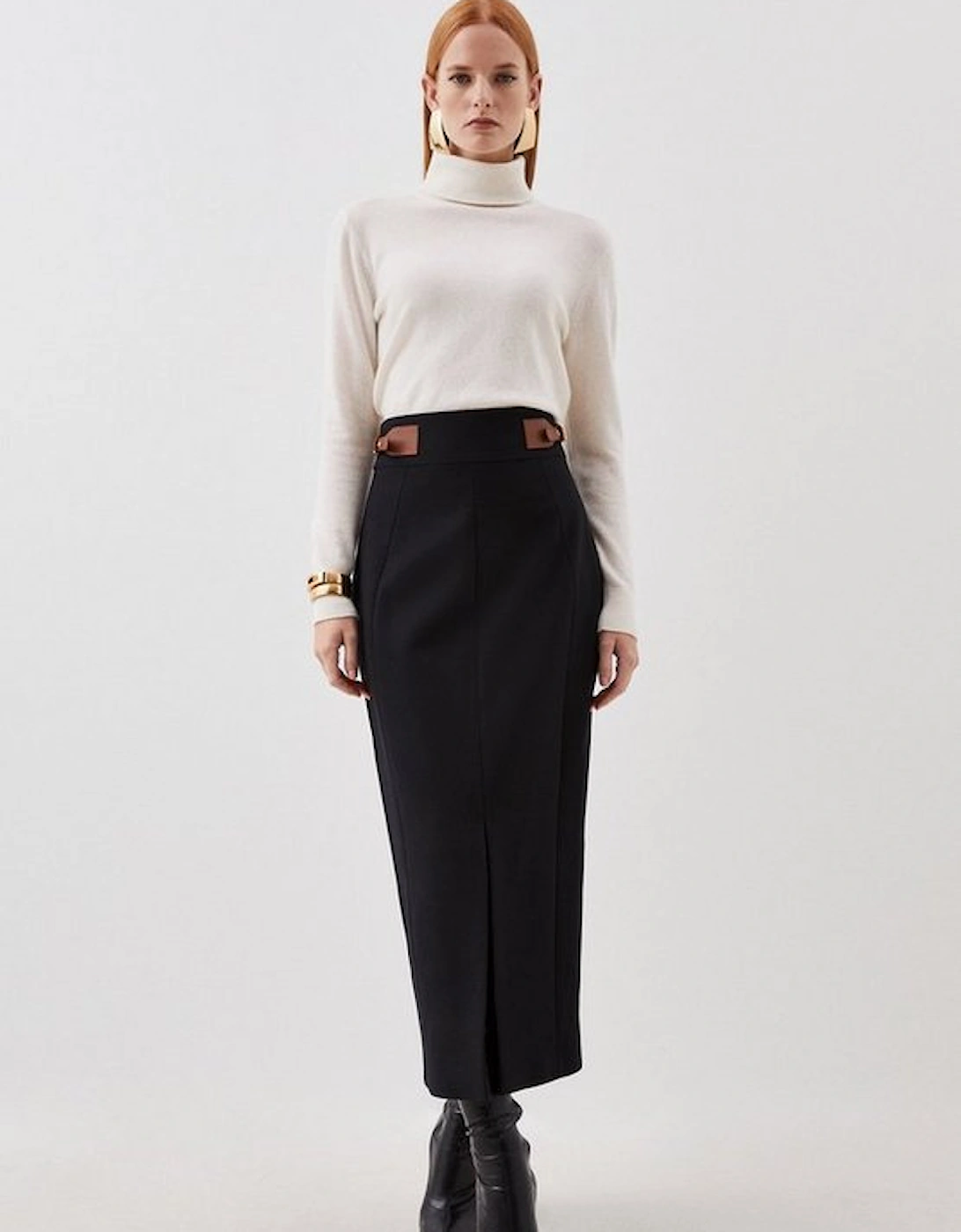 Tailored Compact Stretch Tab Detail Midi Skirt, 5 of 4