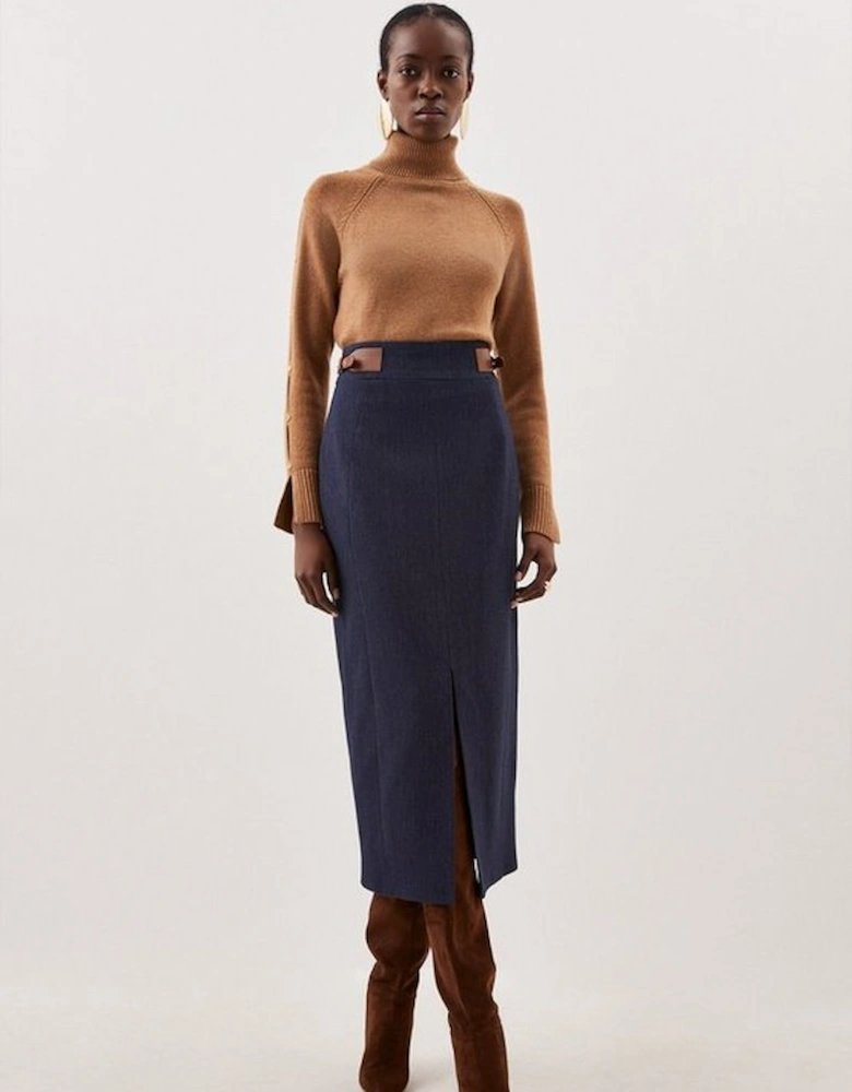 Tailored Denim Tab Detail Midi Skirt