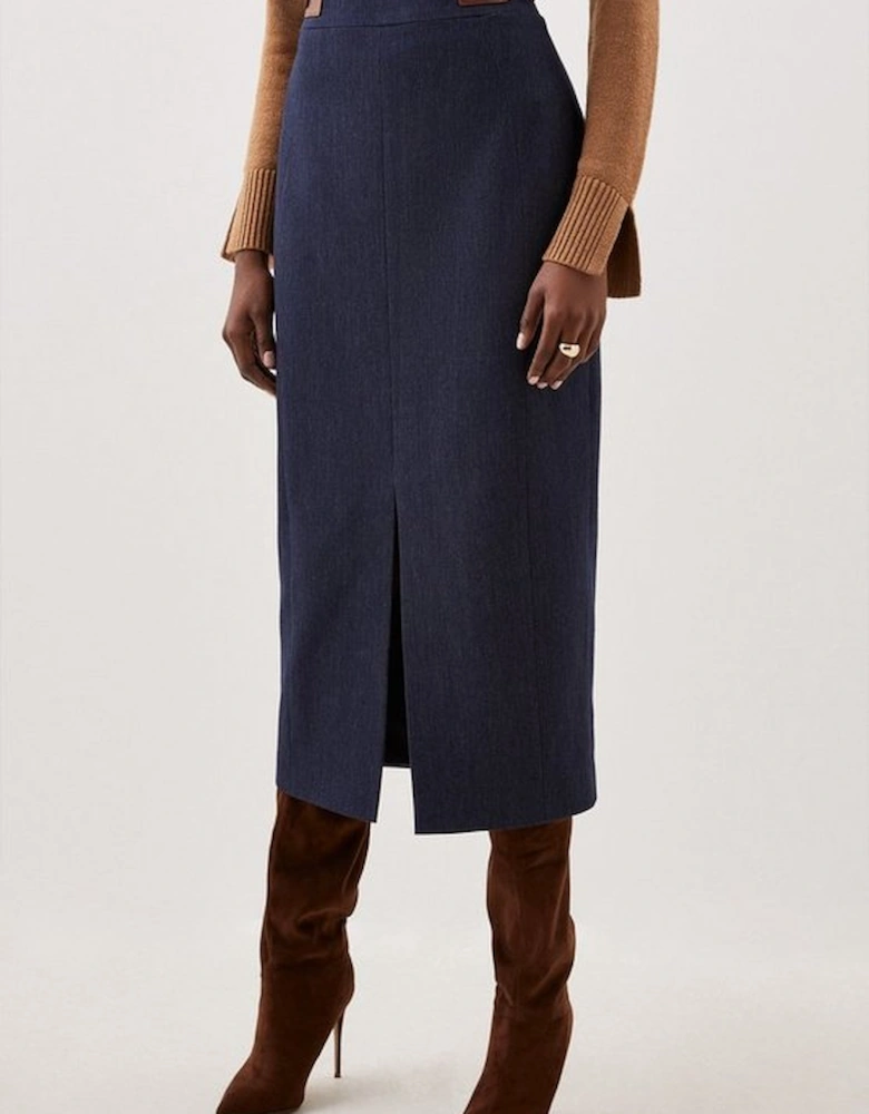 Tailored Denim Tab Detail Midi Skirt