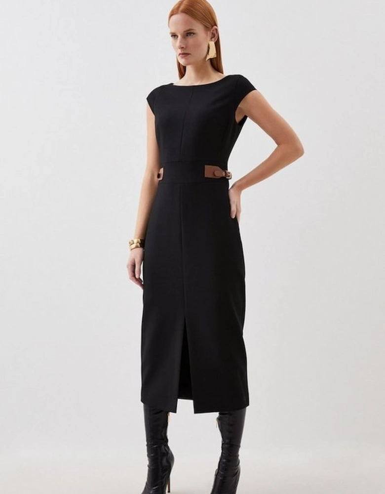 Compact Stretch Tailored Tab Detail Cap Sleeve Midi Dress