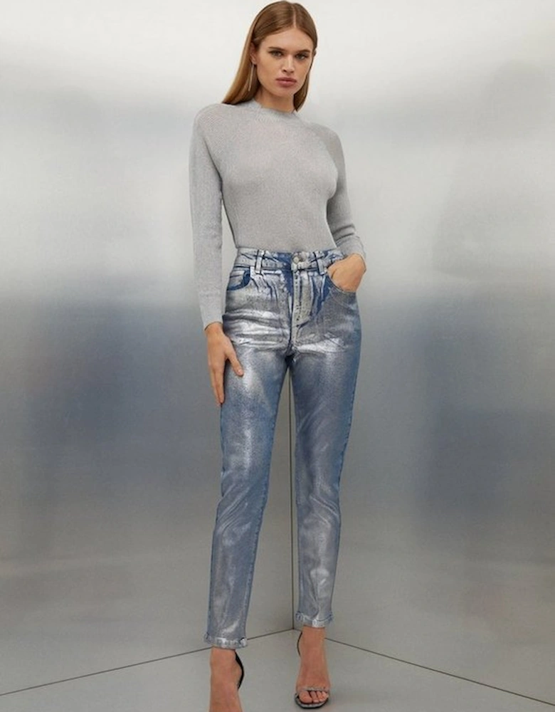 High Rise Slim Leg Silver Foiled Jeans