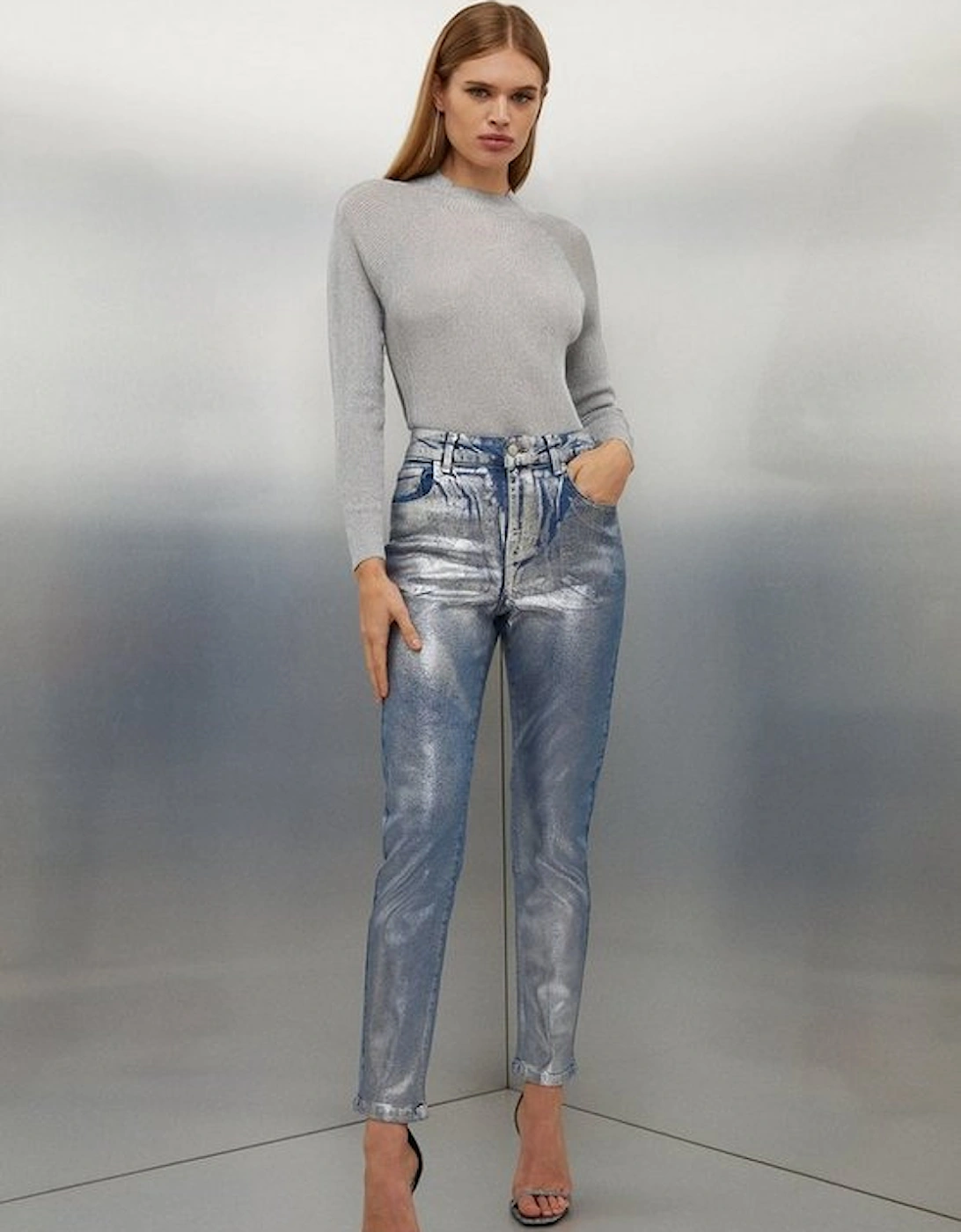 High Rise Slim Leg Silver Foiled Jeans, 5 of 4