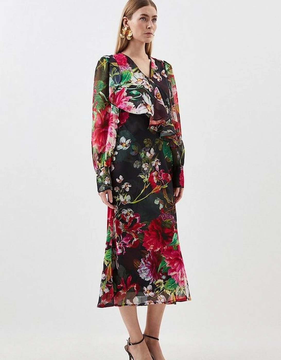 Garden Floral Printed Georgette Belted Woven Maxi Dress
