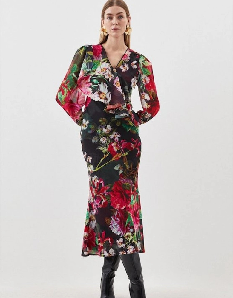Garden Floral Printed Georgette Belted Woven Maxi Dress