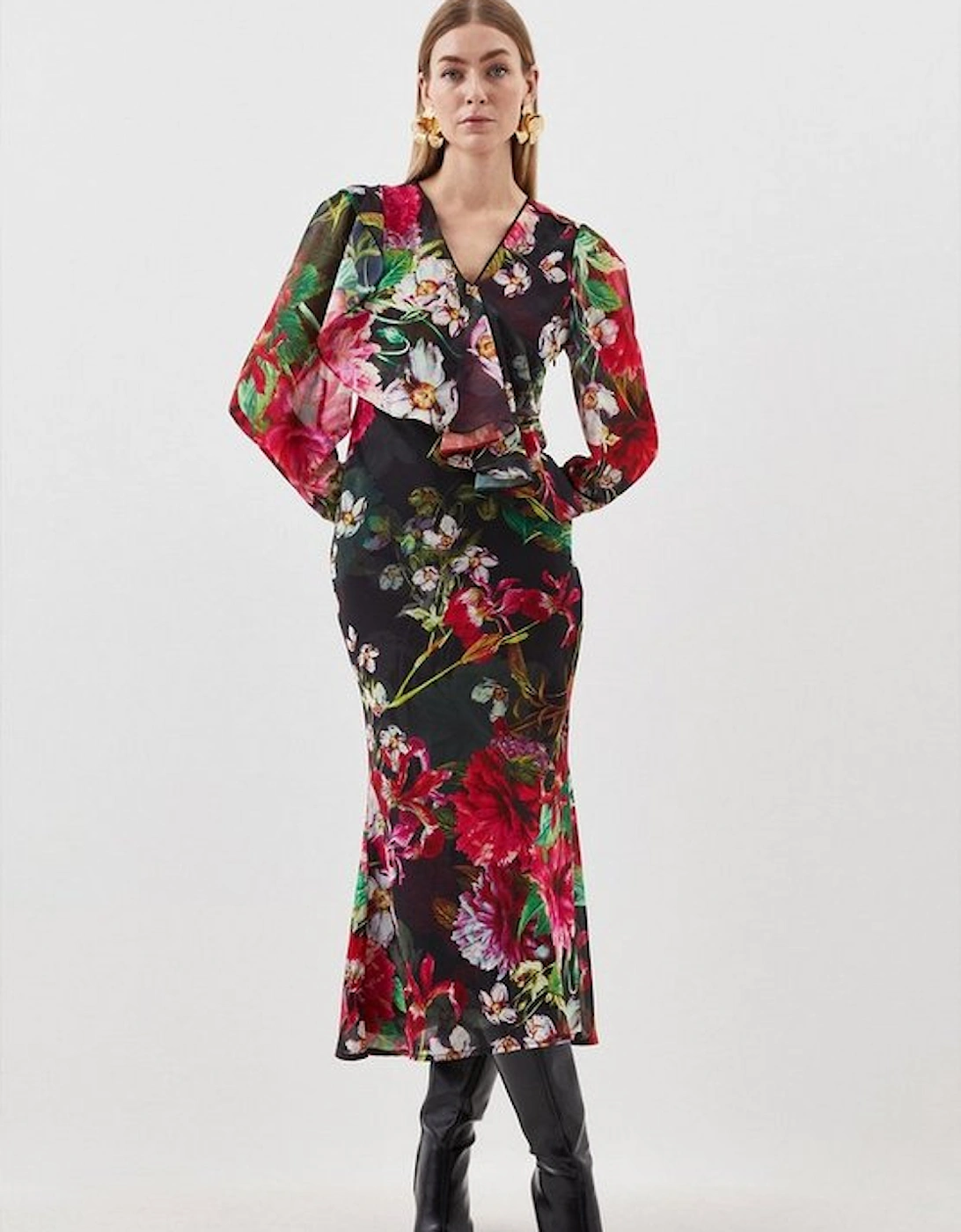 Garden Floral Printed Georgette Belted Woven Maxi Dress, 5 of 4