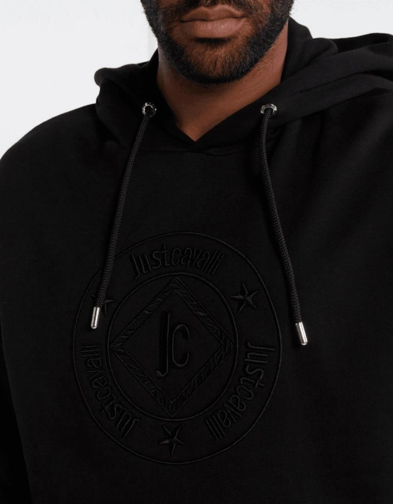 Embroidered Round Logo Pullover Black Hoodie